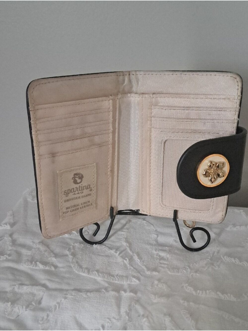 Spartina 449 Natural linen full grain leather Wallet floral snap closure - Picture 4 of 6